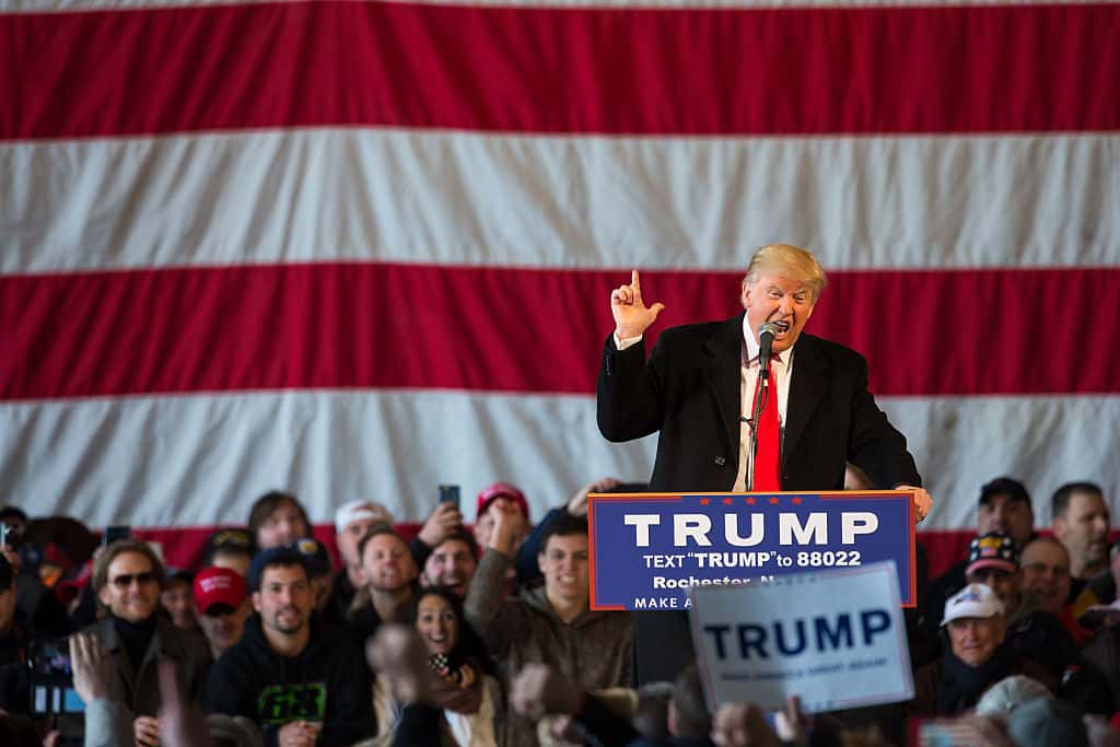 ROCHESTER, NEW YORK - APRIL 10: Presidential candidate Donald Trump speaks before a capacity crowd at a rally for his campaign on April 10, 2016 in Rochester, New York. (Photo by Brett Carlsen/Getty Images)