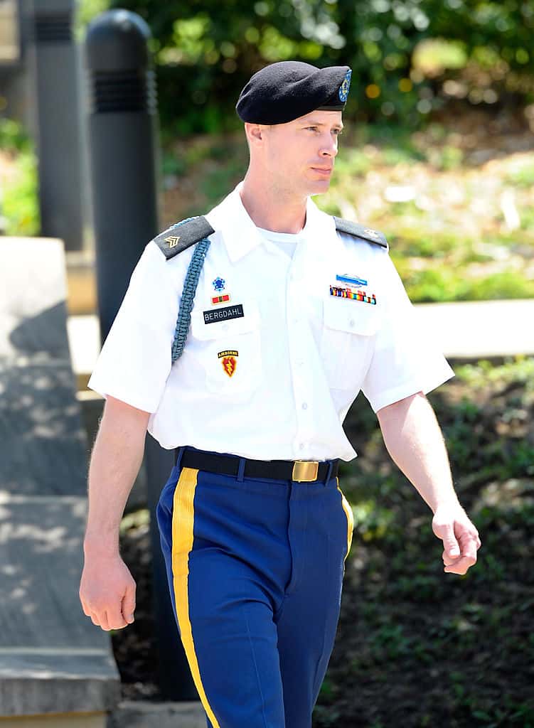 FT. BRAGG, NC - JULY 7: U.S. Army Sgt. Robert Bowdrie 'Bowe' Bergdahl (right), 30 of Hailey, Idaho, leaves the Ft. Bragg military courthouse during a recess in a pretrial military hearing on July 7, 2016 in Ft. Bragg, North Carolina. Bergdahl faces charges of desertion and endangering troops stemming from his decision to leave his outpost in 2009, which landed him five years in Taliban captivity. (Photo by Sara D. Davis/Getty Images)