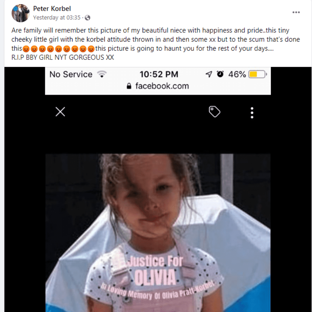 Olivia's heartbroken uncle Peter Korbel shared a photo of Olivia in a heartbreaking tribute (Facebook)