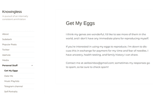 Aella sells her eggs and thinks her genes are 'wonderful.' (Photo: Knowingless Blog)