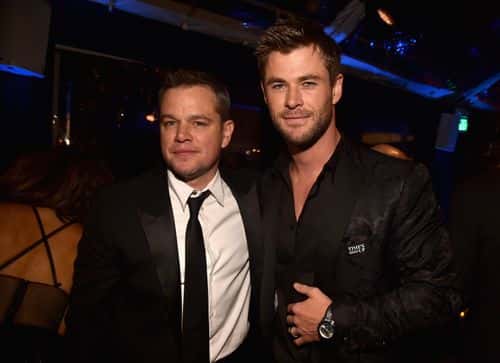Actors Matt Damon (L) and Chris Hemsworth attend Amazon Studios' Golden Globes Celebration at The Beverly Hilton Hotel on January 7, 2018 in Beverly Hills, California.