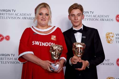 Daisy May Cooper (L) and Charlie Cooper with the award for Scripted Comedy for 'This Country', pose in the press room at the Virgin TV British Academy Television Awards at The Royal Festival Hall on May 13, 2018 in London, England.
