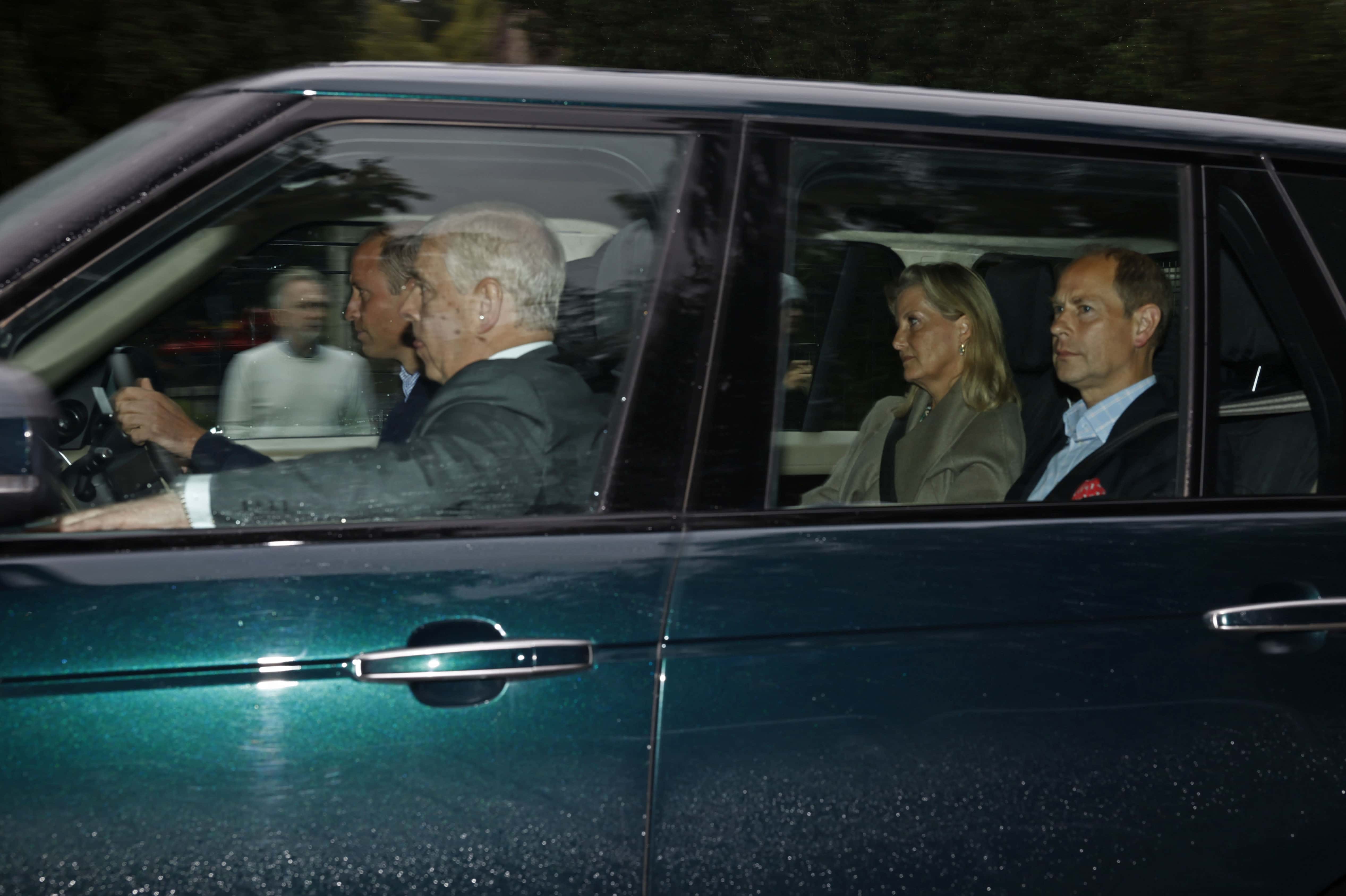 (L-R) Prince William, Duke of Cambridge, Prince Andrew, Duke of York, Sophie, Countess of Wessex and Edward, Earl of Wessex arrive to see Queen Elizabeth at Balmoral Castle on September 8, 2022 in Aberdeen, Scotland. Buckingham Palace issued a statement earlier today saying that Queen Elizabeth was placed under medical supervision due to concerns about her health.