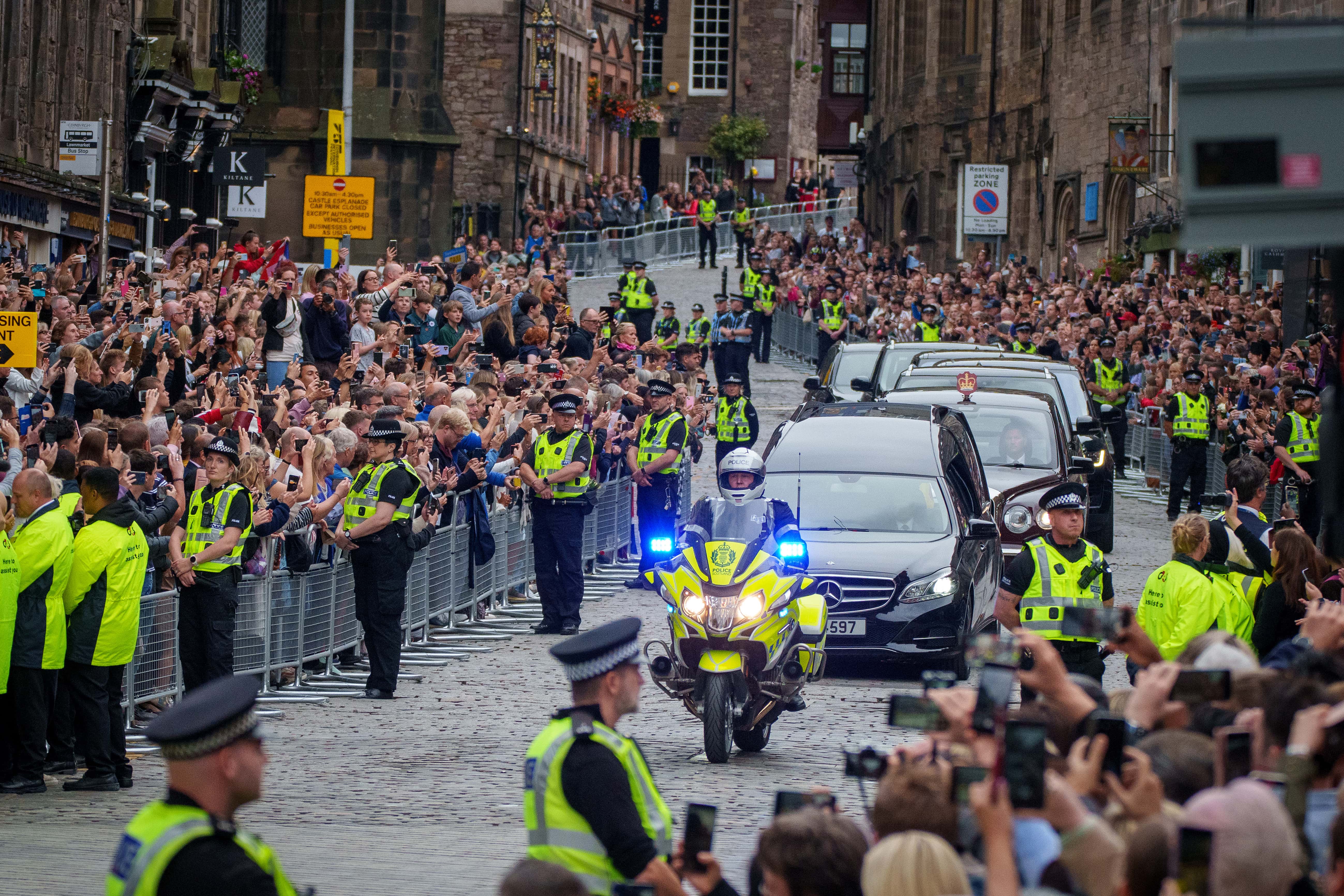 The cortege carrying the coffin of the late Queen Elizabeth II passes St Giles' Cathedral on its way to Palace of Holyroodhouse on September 11, 2022 in Edinburgh, United Kingdom. Elizabeth Alexandra Mary Windsor was born in Bruton Street, Mayfair, London on 21 April 1926. She married Prince Philip in 1947 and ascended the throne of the United Kingdom and Commonwealth on 6 February 1952 after the death of her Father, King George VI. Queen Elizabeth II died at Balmoral Castle in Scotland on September 8, 2022, and is succeeded by her eldest son, King Charles III.