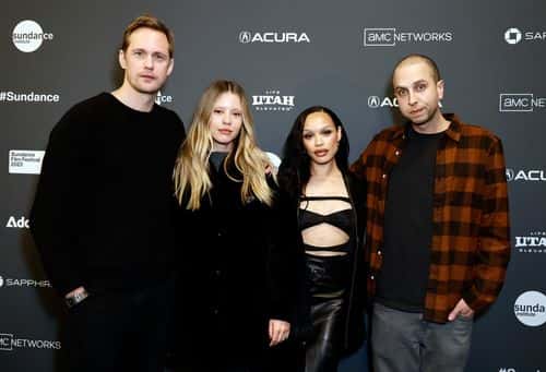 (L-R) Alexander Skarsgård, Mia Goth, Cleopatra Coleman, and Brandon Cronenberg attend the 2023 Sundance Film Festival