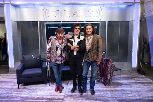 (L-R) Steven Van Zandt, Jeff Beck and Johnny Depp visit the SiriusXM Studios in New York for a SiriusXM Town Hall in support of Jeff Beck and Johnny Depp’s album '18' on October 12, 2022 in New York City.