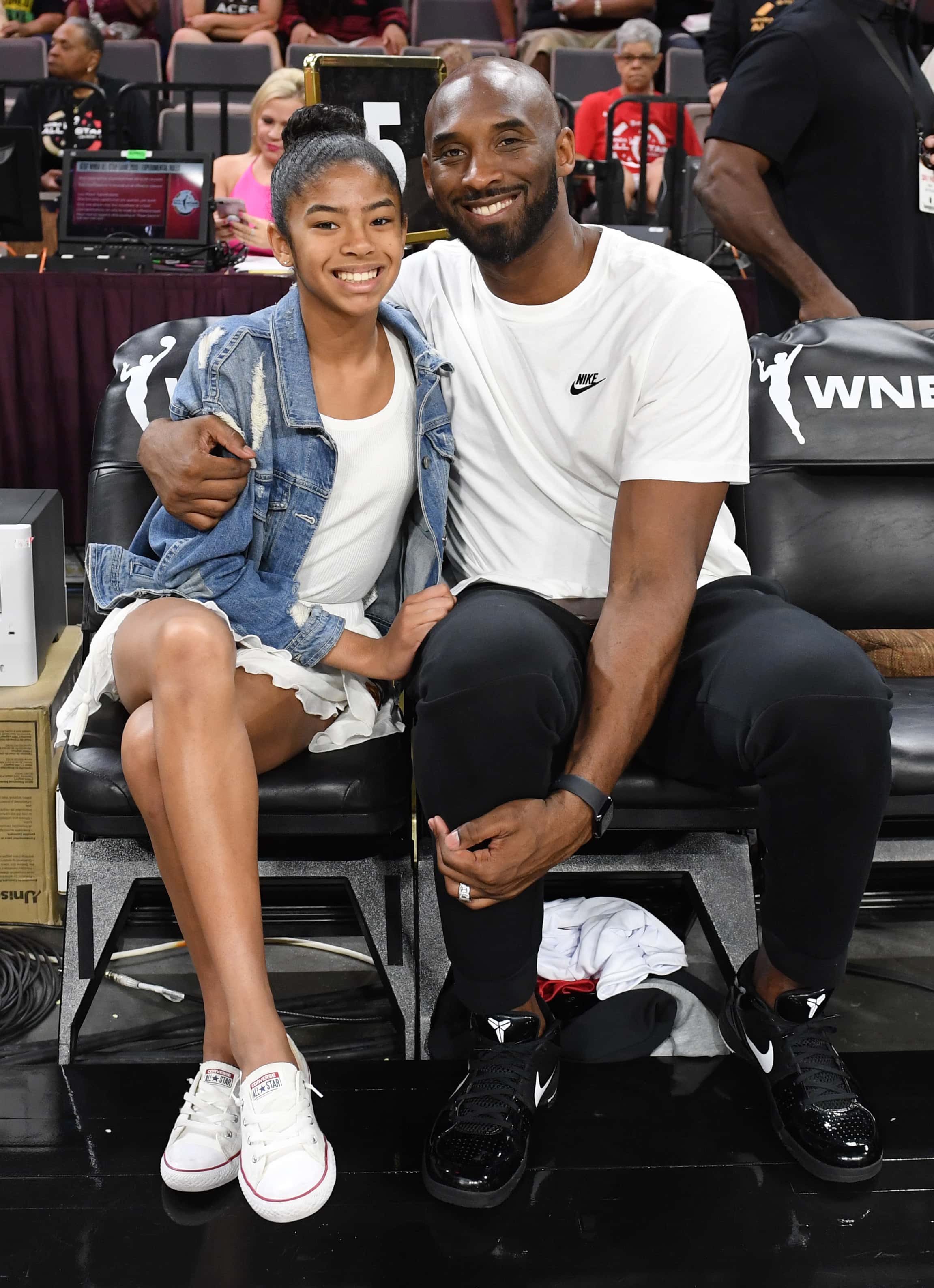 Gianna Bryant and her father, former NBA player Kobe Bryant, attend the WNBA All-Star Game 2019 at the Mandalay Bay Events Center on July 27, 2019 in Las Vegas, Nevada. NOTE TO USER: User expressly acknowledges and agrees that, by downloading and or using this photograph, User is consenting to the terms and conditions of the Getty Images License Agreement.