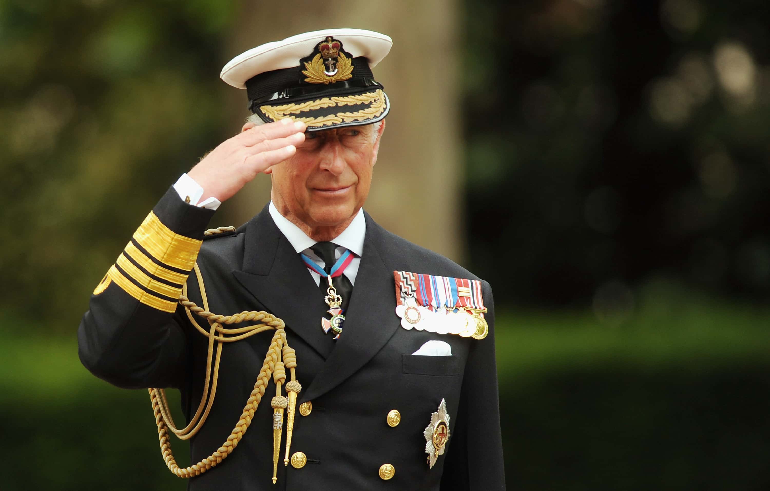HRH Prince Charles Prince of Wales salutes the parade of Cadets and adult voluteers from the Cadet forces during the Cadet150 Royal Review on the Mall on July 6, 2010 in London, England.