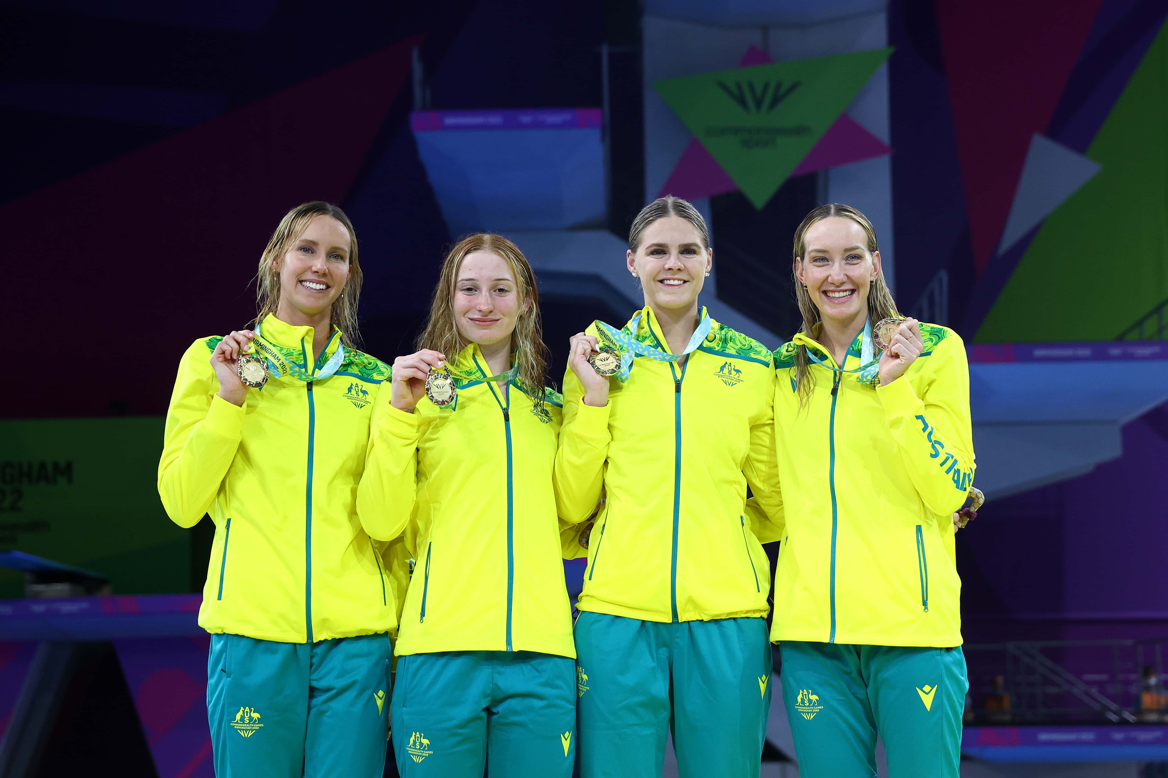 Gold medalists, Madison Wilson, Shayna Jack, Mollie O'Callaghan and Emma McKeon of Team Australia pose with their medals during the medal ceremony for the Women's 4x100m Freestyle Relay Final on day two of the Birmingham 2022 Commonwealth Games at Sandwell Aquatics Centre on July 30, 2022 on the Smethwick, England.