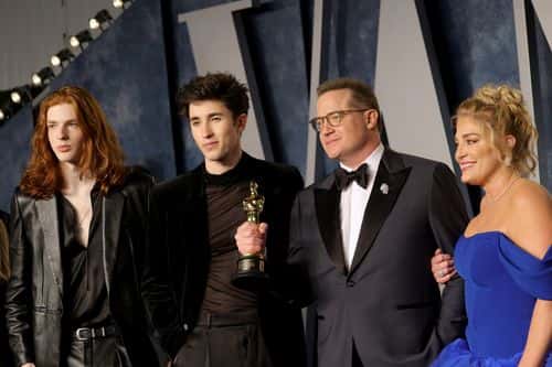 (L-R) Holden Fletcher Fraser, Leland Francis Fraser, Brendan Fraser and Jeanne Moore attend the 2023 Vanity Fair Oscar Party Hosted By Radhika Jones at Wallis Annenberg Center for the Performing Arts on March 12, 2023 in Beverly Hills, California.
