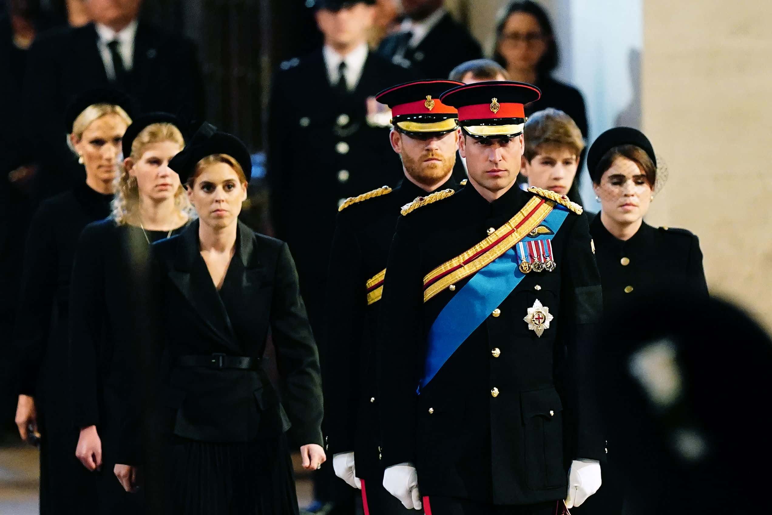 Prince William, Prince of Wales, Prince Harry, Duke of Sussex, Princess Eugenie of York, Princess Beatrice of York, Peter Phillips, Zara Tindall, Lady Louise Windsor, James, Viscount Severn arrive to hold a vigil in honour of Queen Elizabeth II at Westminster Hall on September 17, 2022 in London, England. Queen Elizabeth II's grandchildren mount a family vigil over her coffin lying in state in Westminster Hall. Queen Elizabeth II died at Balmoral Castle in Scotland on September 8, 2022, and is succeeded by her eldest son, King Charles III.