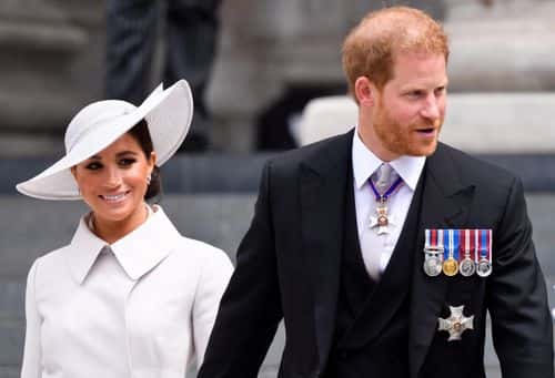 Prince Harry, Duke of Sussex, and Meghan, Duchess of Sussex after attending the National Service of Thanksgiving at St Paul's Cathedral during the Queen's Platinum Jubilee celebrations on June 3, 2022 in London, England. The Platinum Jubilee of Elizabeth II is being celebrated from June 2 to June 5, 2022, in the UK and Commonwealth to mark the 70th anniversary of the accession of Queen Elizabeth II on 6 February 1952.