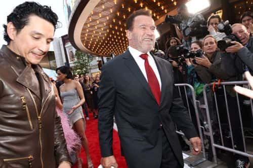 (L-R) Gabriel Luna and Arnold Schwarzenegger attend the Netflix premiere of ''FUBAR'' on May 22, 2023 in Los Angeles, California.