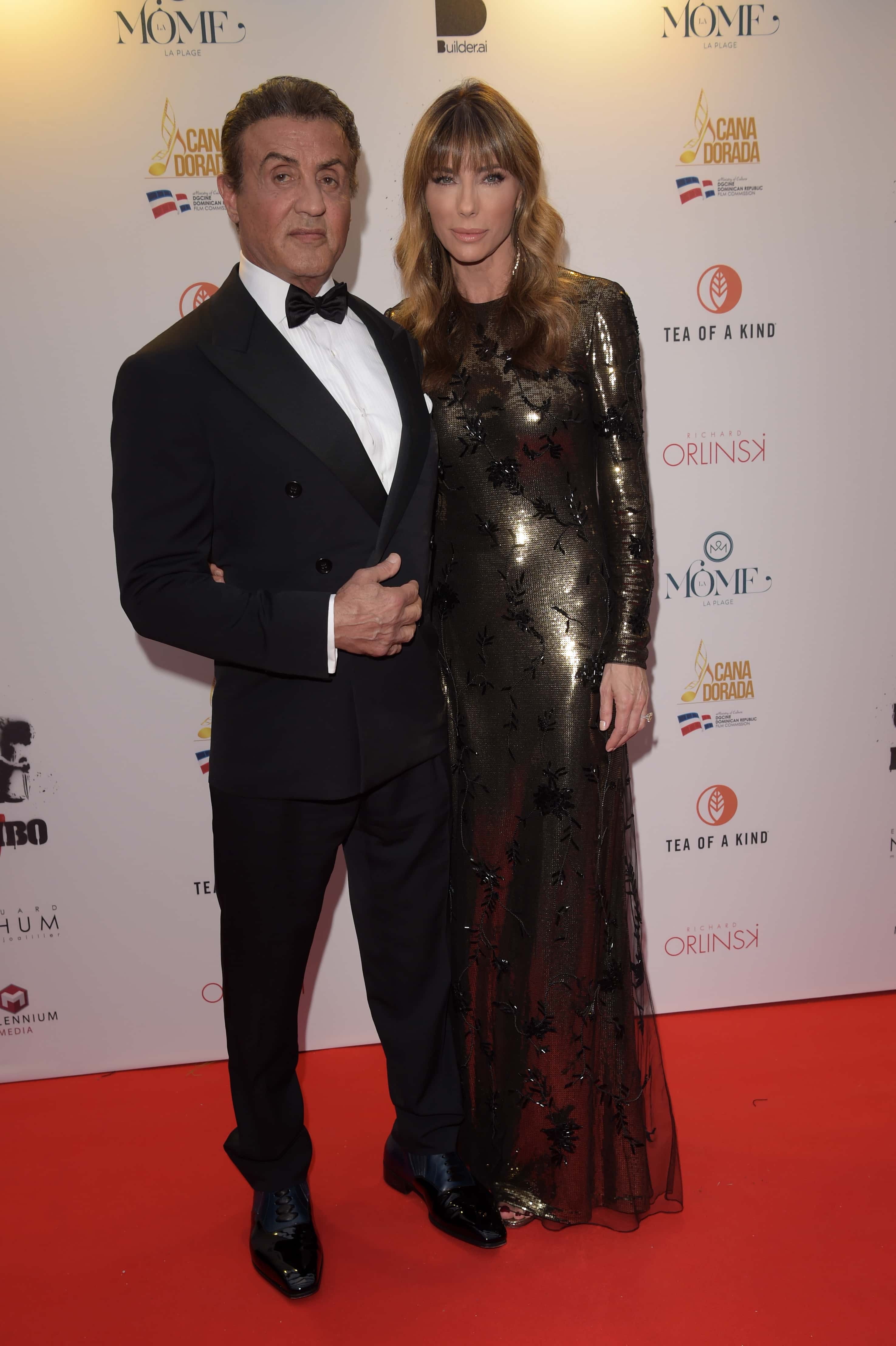 (L-R) Sylvester Stallone and Jennifer Flavin attend Millennium Media Dinner And Cocktail Reception In Honor Of   Sylvester Stallone on May 24, 2019 in Cannes, France.