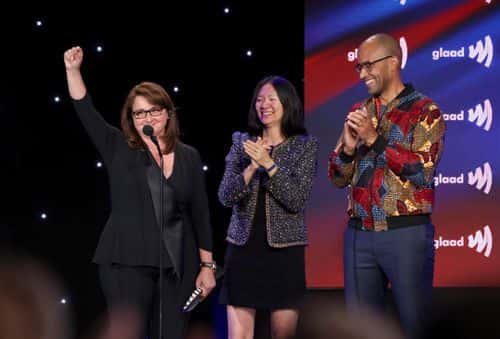 (L-R) President of Physical, Post Production, VFX and Animation at Marvel Studios Victoria Alonso, Chloe Zhao and VP of Production & Development at Marvel Studios Nate Moore accept for 'Outstanding Film Wide Release' for The Eternals onstage during The 33rd Annual GLAAD Media Awards at The Beverly Hilton on April 02, 2022 in Beverly Hills, California.