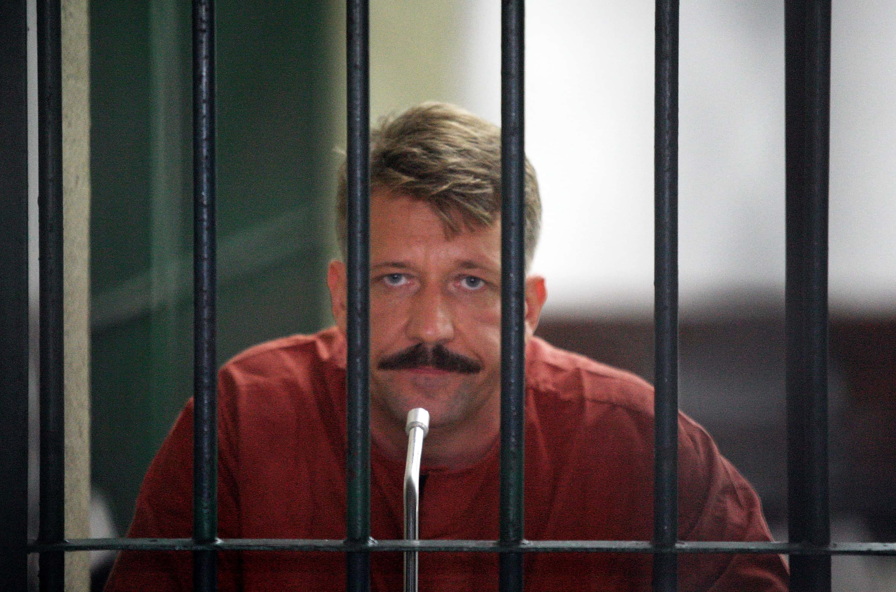 Viktor Bout sits inside a detention cell at Bangkok Supreme Court on July 28, 2008, in Bangkok, Thailand. A Thai court postponed the extradition hearing, for a second time, of Viktor Bout, after his attorney failed to turn up on Monday for the hearing to extradite Bout to the U.S. to face terrorism charges in connection to alleged arms smuggling.