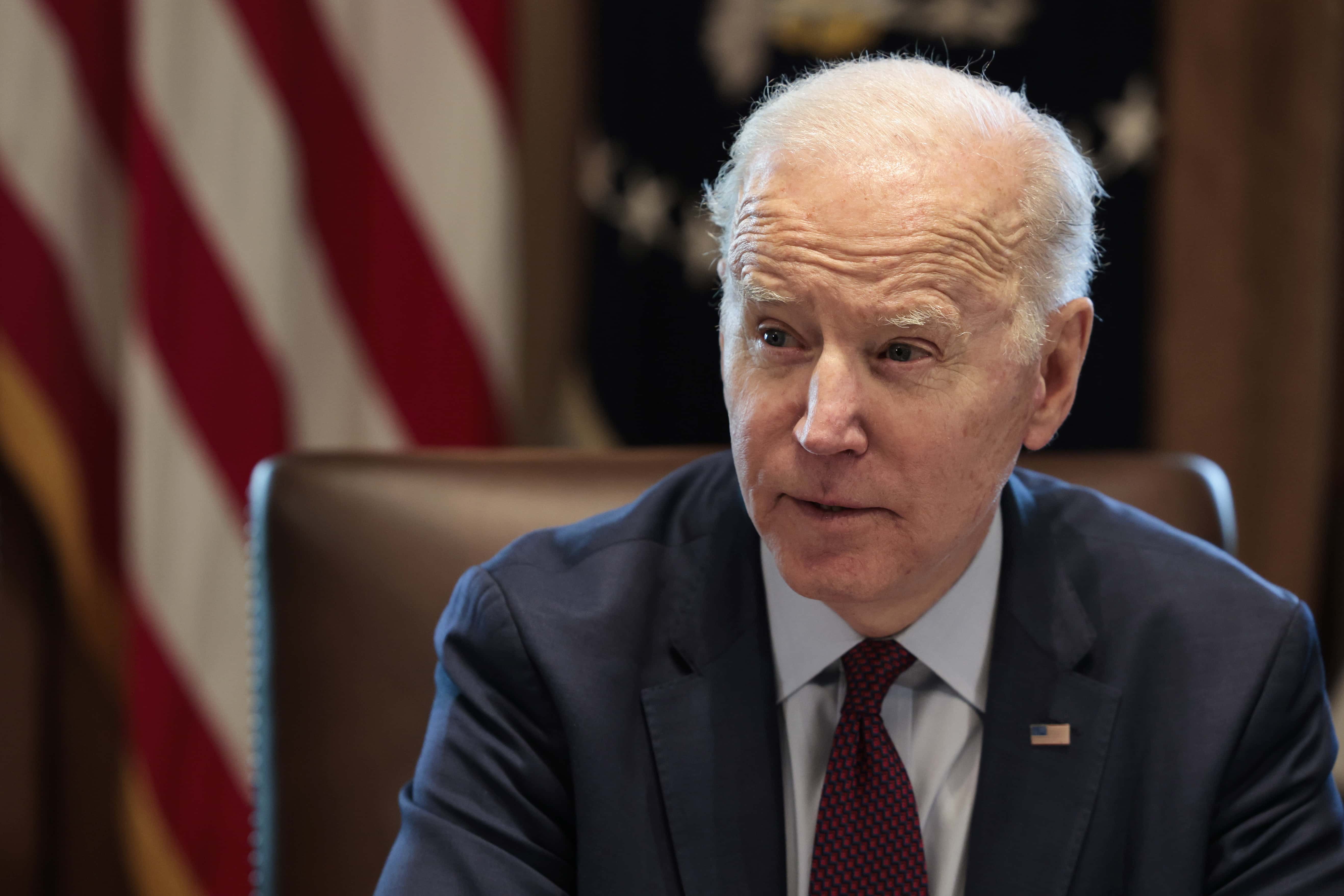 U.S. President Joe Biden speaks to reporters before the start of a cabinet meeting in the Cabinet Room of the White House on March 03, 2022 in Washington, DC. Earlier today, President Biden spoke on a secure video call with fellow Quad Leaders, Prime Minister Scott Morrison of Australia, Prime Minister Narendra Modi of India, and Prime Minister Kishida Fumio of Japan, to discuss the war in Ukraine.
