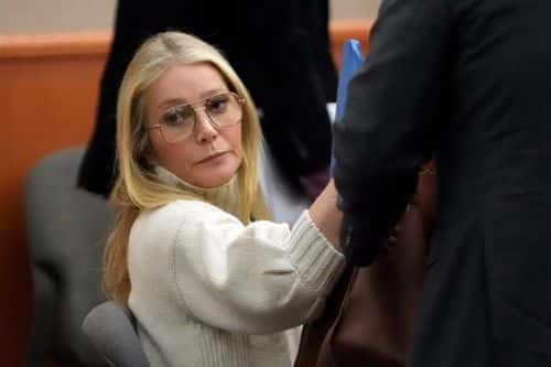 Actress Gwyneth Paltrow looks on before leaving the courtroom, where she is accused in a lawsuit of crashing into a skier during a 2016 family ski vacation, leaving him with brain damage and four broken ribs, March 21, 2023, in Park City, Utah. Terry Sanderson claims that the actor-turned-lifestyle influencer was cruising down the slopes so recklessly that they violently collided, leaving him on the ground as she and her entourage continued their descent down Deer Valley Resort, a skiers-only mountain known for its groomed runs, après-ski champagne yurts and posh clientele.