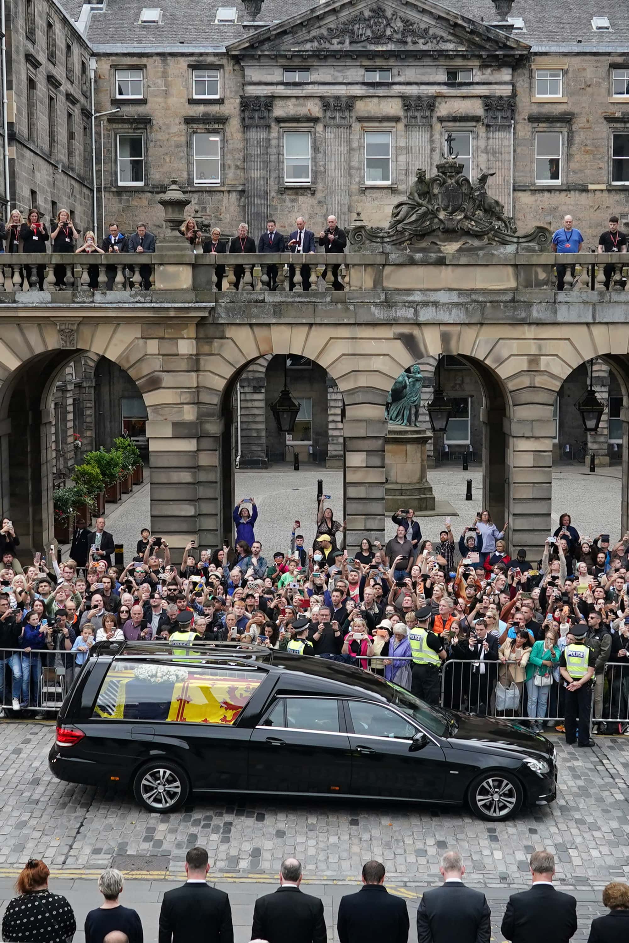 Crowds watch the cortege carrying the coffin of the late Queen Elizabeth II by Mercat Cross on September 11, 2022 in Edinburgh, United Kingdom. Elizabeth Alexandra Mary Windsor was born in Bruton Street, Mayfair, London on 21 April 1926. She married Prince Philip in 1947 and ascended the throne of the United Kingdom and Commonwealth on 6 February 1952 after the death of her Father, King George VI. Queen Elizabeth II died at Balmoral Castle in Scotland on September 8, 2022, and is succeeded by her eldest son, King Charles III.
