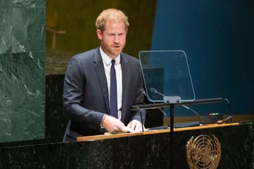 Prince Harry, Duke of Sussex, speaks at the United Nations General Assembly on Nelson Mandela International Day at U.N. headquarters on July 18, 2022 in New York City. Nelson Mandela International Day was officially declared by the United Nations in November of 2009 and was first celebrated on July 18, 2010. The 2020 U.N. Nelson Mandela Prize is being awarded to Mrs. Marianna Vardinogiannis of Greece and Dr. Morissanda Kouyaté of Guinea.