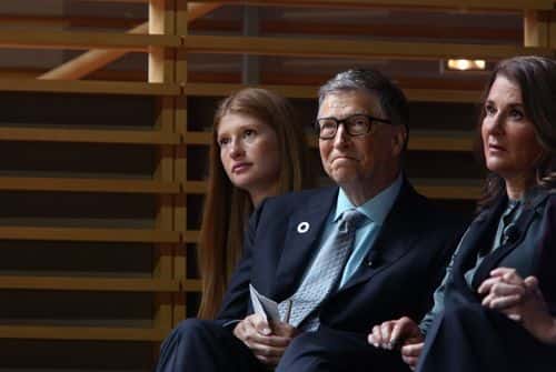 (L-R) Jennifer Gates and her parents, Bill and Melinda Gates, listen to former U.S. President Barack Obama speak at the Gates Foundation Inaugural Goalkeepers event on September 20, 2017 in New York City.