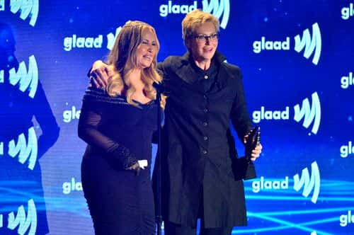 (L-R) Jennifer Coolidge and Jane Lynch speak onstage during the 34th Annual GLAAD Media Awards at The Beverly Hilton on March 30, 2023 in Beverly Hills, California.