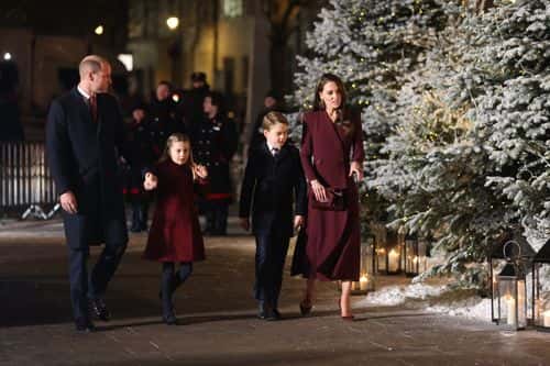 Prince William, Prince of Wales and his wife Catherine, Princess of Wales arrive with their children Princess Charlotte of Wales and Prince George of Wales arrive for the 'Together at Christmas' Carol Service at Westminster Abbey on December 15, 2022 in London, England. The service will be broadcast on ITV1 on Christmas Eve as part of a Royal Carols: Together At Christmas programme, narrated by Catherine Zeta Jones and featuring an introduction the Princess of Wales and tributes to Queen Elizabeth II.