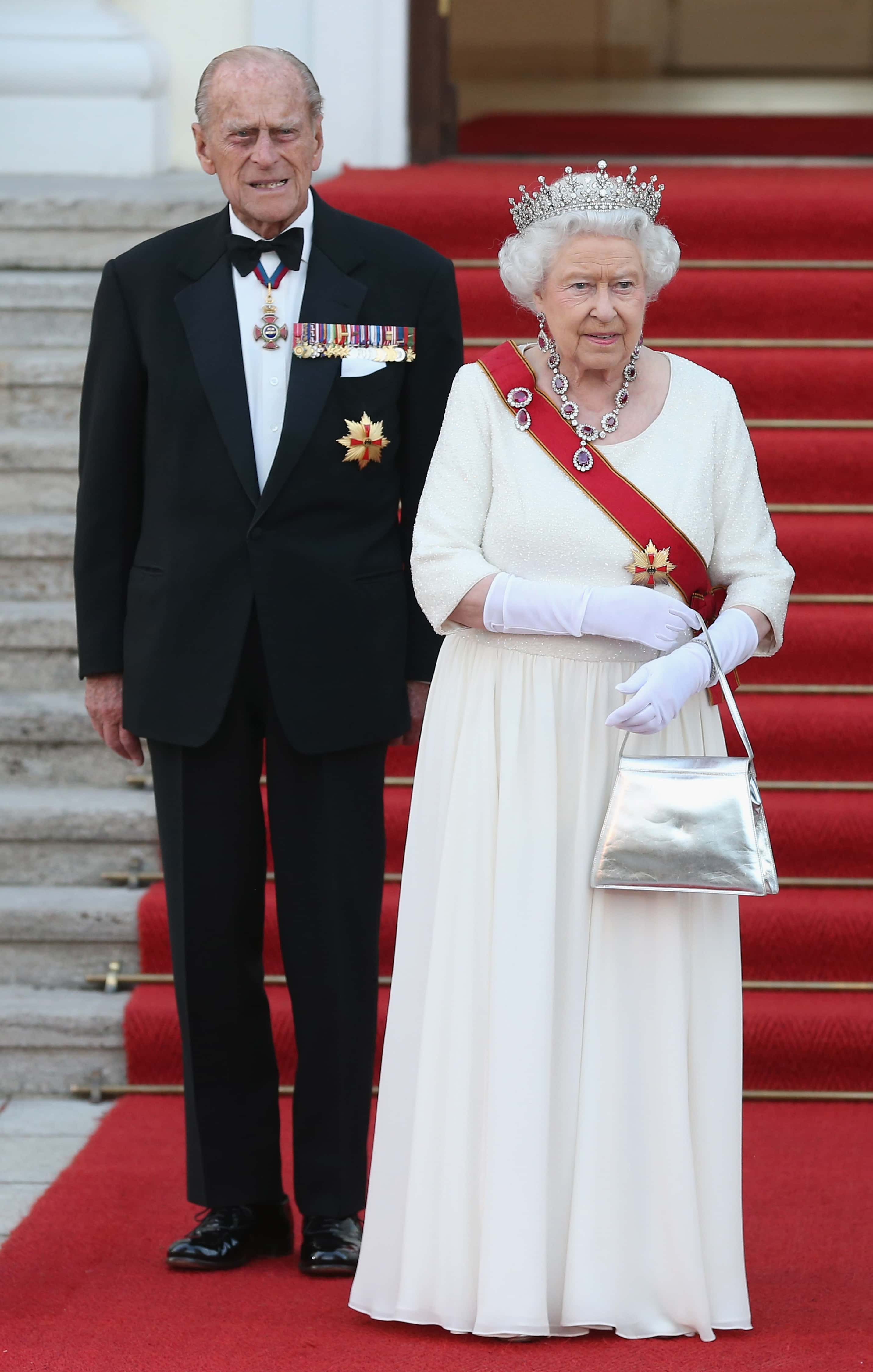 Queen Elizabeth II and Prince Philip, the Duke of Edinburgh, arrive for the state banquet in their honour at Schloss Bellevue palace on the second of the royal couple's four-day visit to Germany on June 24, 2015 in Berlin, Germany. The Queen and Prince Philip are scheduled to visit Berlin, Frankfurt and the concentration camp memorial at Bergen-Belsen during their trip, which is their first to Germany since 2004.