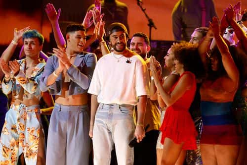 (FOR EDITORIAL USE ONLY) Bad Bunny (C) performs onstage during the 65th GRAMMY Awards at Crypto.com Arena on February 05, 2023 in Los Angeles, California.