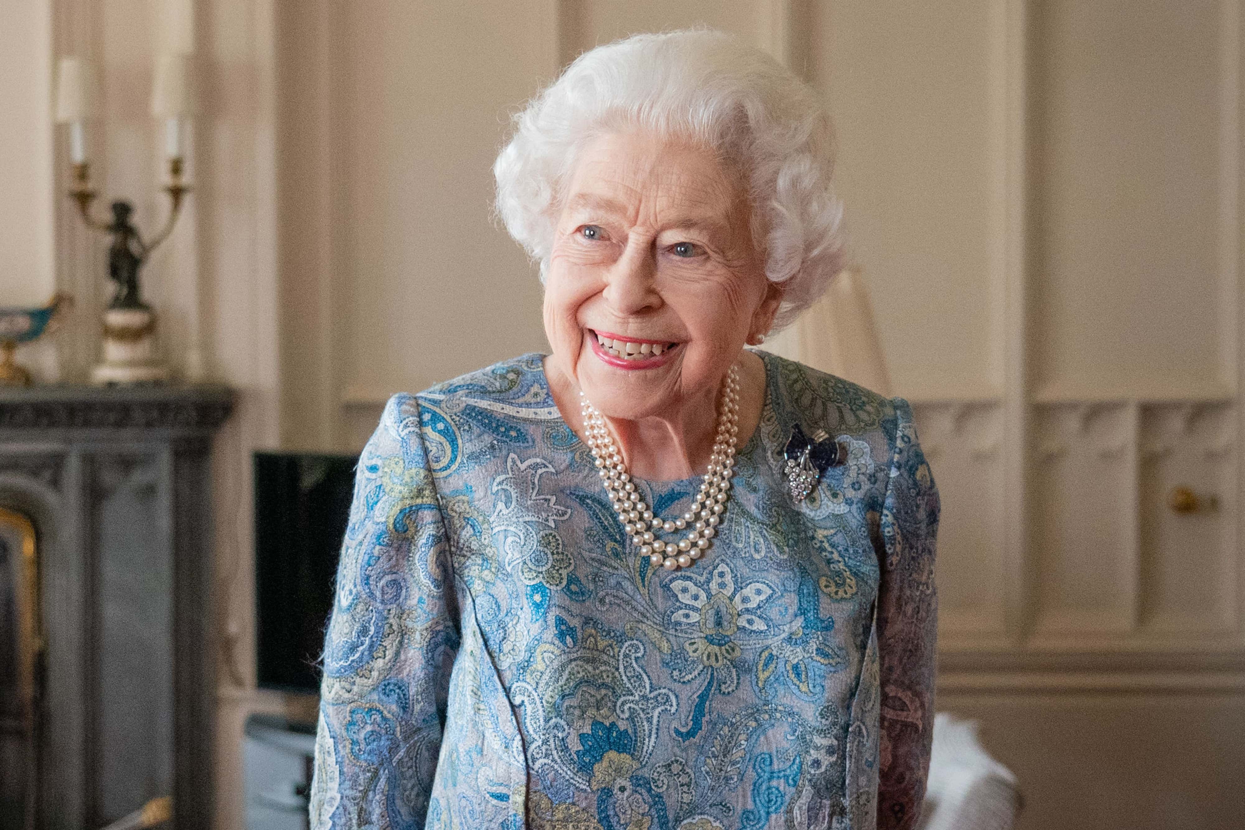 Queen Elizabeth II attends an audience with the President of Switzerland Ignazio Cassis (Not pictured) at Windsor Castle on April 28, 2022 in Windsor, England.