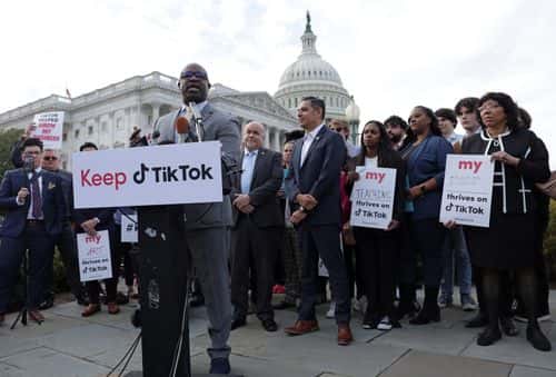U.S. Rep. Jamaal Bowman (D-NY) speaks as Rep. Mark Pocan (D-WI), Rep. Robert Garcia (D-CA) and supporters of TikTok listen during a news conference on March 22, 2023 in Washington, DC. TikTok CEO Shou Zi Chew will testify before the House Energy and Commerce Committee tomorrow on whether the video-sharing app is safeguarding user data on the platform.