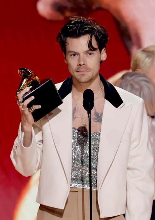 Harry Styles accepts the Album Of The Year award for “Harry's House” onstage during the 65th GRAMMY Awards at Crypto.com Arena on February 05, 2023 in Los Angeles, California.