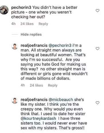 Joe Francis responded to one of the users on Instagram, however the reply is now deleted (@realjoefrancis/Instagram)