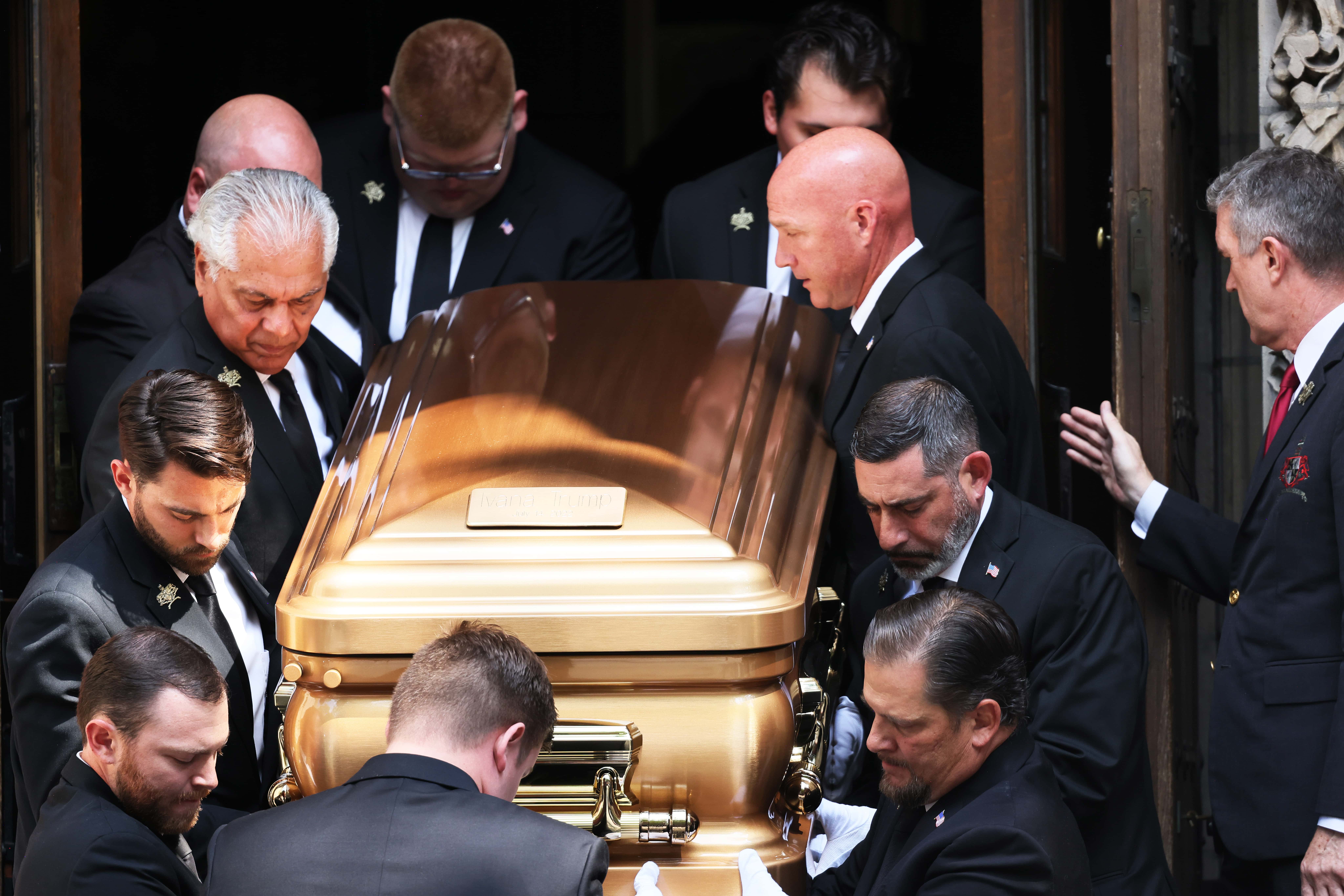 Pallbearers carry the casket of Ivana Trump out of St. Vincent Ferrer Roman Catholic Church during her funeral on July 20, 2022 in New York City. Trump, the first wife of former U.S. President Donald Trump,  died at the age of 73 after a fall down the stairs of her Manhattan home.