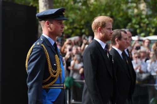 Prince William, Prince of Wales and Prince Harry, Duke of Sussex walk behind the coffin during the procession for the Lying-in State of Queen Elizabeth II on September 14, 2022 in London, England. Queen Elizabeth II's coffin is taken in procession on a Gun Carriage of The King's Troop Royal Horse Artillery from Buckingham Palace to Westminster Hall where she will lay in state until the early morning of her funeral. Queen Elizabeth II died at Balmoral Castle in Scotland on September 8, 2022, and is succeeded by her eldest son, King Charles III.