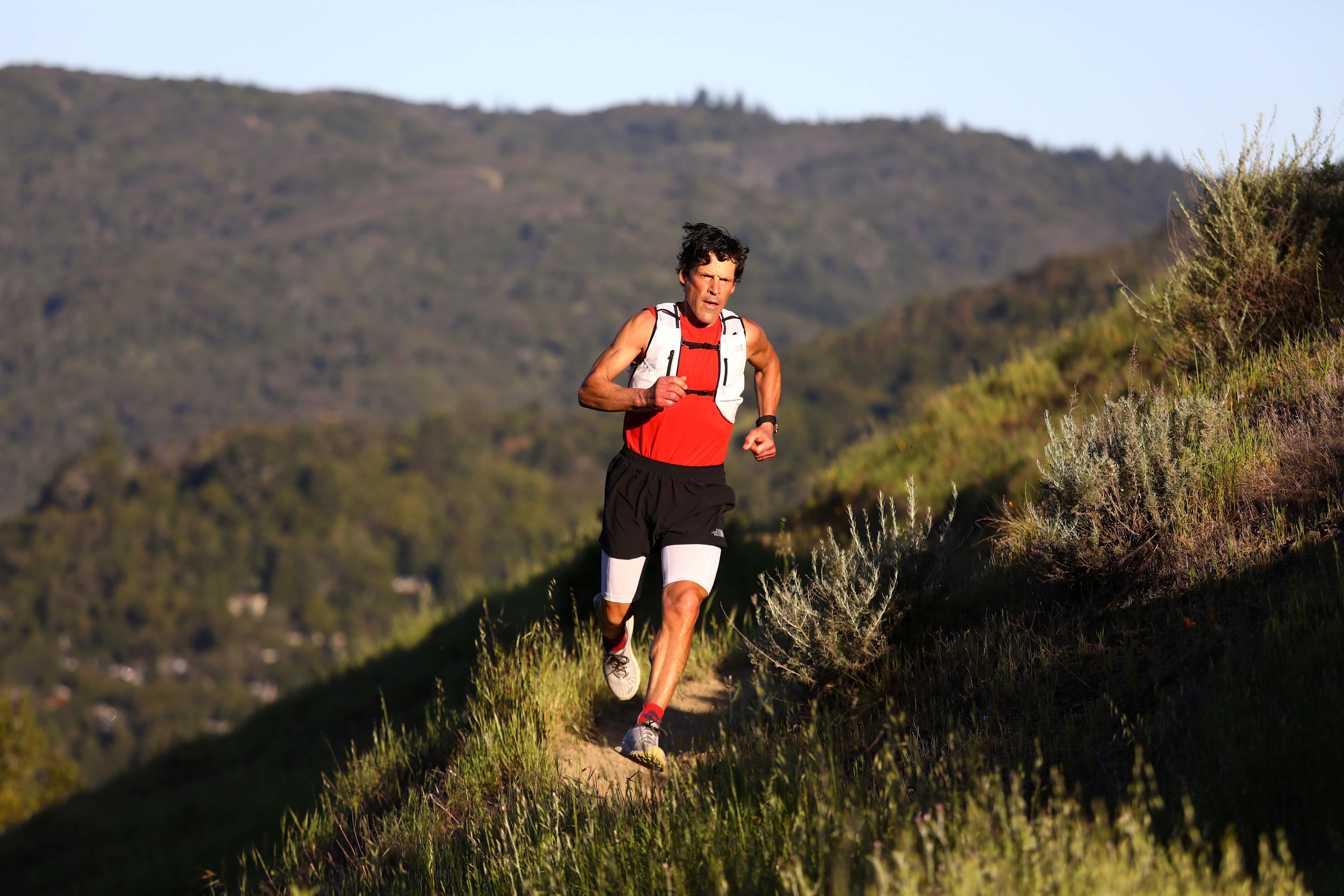 Ultramarathon runner Dean Karnazes does a training run on Bald Hill on April 24, 2020 in Ross, California. All of the races that Karnazes planned to compete in have been canceled or postponed because of the coronavirus (COVID-19). Karnazes has run marathons and endurance races all over the world, and has finished 50 marathons in 50 states in 50 consecutive days.