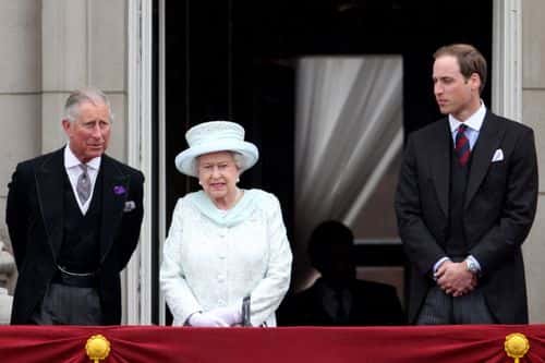 LONDON, ENGLAND - JUNE 05:   
Prince Charles, Prince of Wales	 
, Queen Elizabeth II and Prince William, Duke of Cambridge on the balcony of Buckingham Palace after the service of thanksgiving at St.Paul’s Cathedral  on June 5, 2012 in London, England. For only the second time in its history the UK celebrates the Diamond Jubilee of a monarch. Her Majesty Queen Elizabeth II celebrates the 60th anniversary of her ascension to the throne. Thousands of wellwishers from around the world have flocked to London to witness the spectacle of the weekend's celebrations.  (Photo by Oli Scarff/Getty Images)