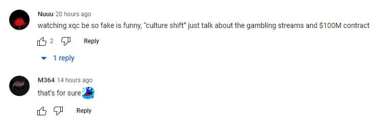 Comments left on xQc claims on Big Streamers (xQc clips/YouTube)