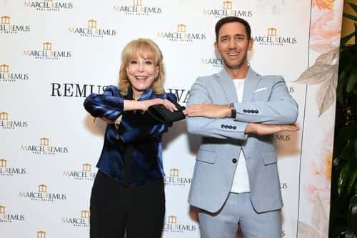 (L-R) Barbara Eden and Marcel Remus attend Remus Pre Award Tea Time at The Beverly Hills Hotel on March 08, 2023 in Beverly Hills, California.