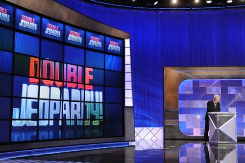 Game show host Alex Trebek rehearses his lines on the set of the