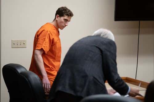 Bryan Kohberger, left, looks toward Latah County Prosecutor Bill Thompson, right, as he takes his seat in Latah County District Court on January 5, 2023, in Moscow, Idaho. Kohberger has been arrested for the murders of four University of Idaho students in November 2022.