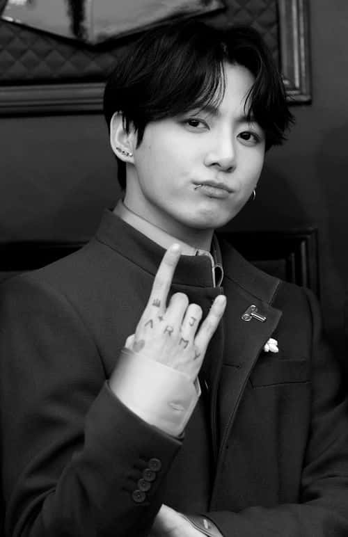 (EDITOR'S NOTE: Image has been converted to black and white.)  Jungkook, of BTS attends the 64th Annual GRAMMY Awards on April 03, 2022 in Las Vegas, Nevada.