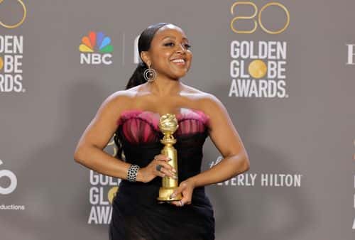 Quinta Brunson poses with the award for Best Actress in a Television Series – Musical or Comedy award for