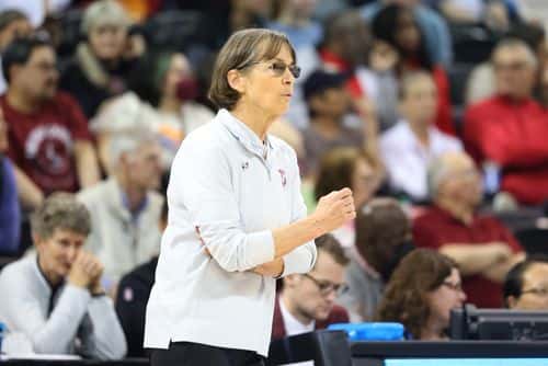 Head coach Tara VanDerveer of the Stanford Cardinal reacts during the third quarter against the Texas Longhornsin the NCAA Women's Basketball Tournament Elite 8 Round at Spokane Veterans Memorial Arena on March 27, 2022 in Spokane, Washington.