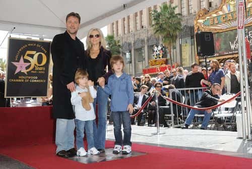 Actor Russell Crowe and his wife Danielle Spencer, with there children Charles Spencer Crowe, and Tennyson Spencer Crowe pose while Russell Crowe is honored on the Hollywood Walk Of Fame on April 12, 2010 in Hollywood, California.