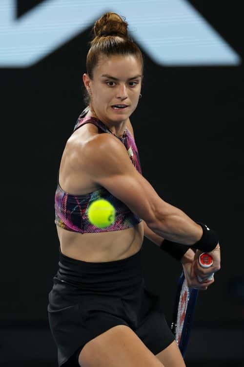 Maria Sakkari of Greece plays a backhand during her third round singles match against Lin Zhu of China during day five of the 2023 Australian Open at Melbourne Park on January 20, 2023 in Melbourne, Australia.