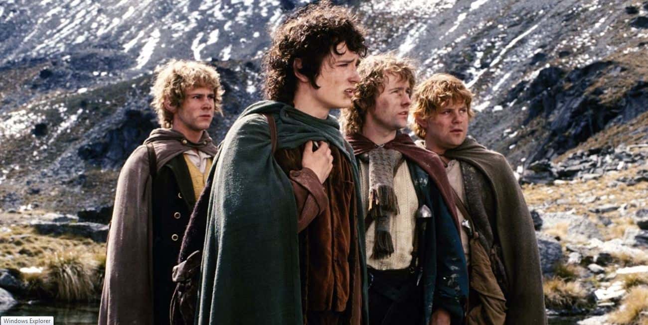 Elijah Wood as Frodo Baggins, Dominic Monaghan as Merry, Billy Boyd as Pippin, and Sean Astin as Samwise Gamgee in 'Lord of the Rings' (New Line Cinema)