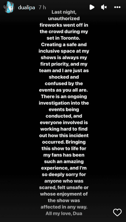 Dua Lipa apologized for the incident on Instagram (Photo by Instagram@dualipa)