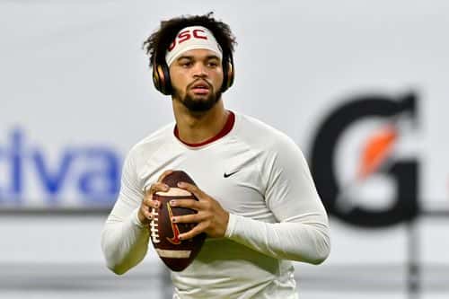 Caleb Williams #13 of the USC Trojans warms up prior to the Pac-12 Championship against the Utah Utes at Allegiant Stadium on December 02, 2022 in Las Vegas, Nevada.