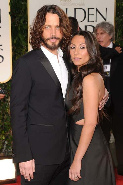 Musician Chris Cornell (L) and wife Vicky Karayiannis arrive at the 69th Annual Golden Globe Awards held at the Beverly Hilton Hotel on January 15, 2012 in Beverly Hills, California.